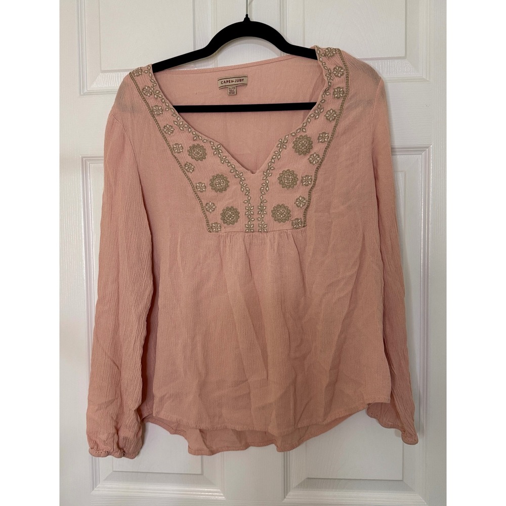 Cape Juby Blouse Women XL Pink Boho‎ Embroidered V-Neck Rayon Top